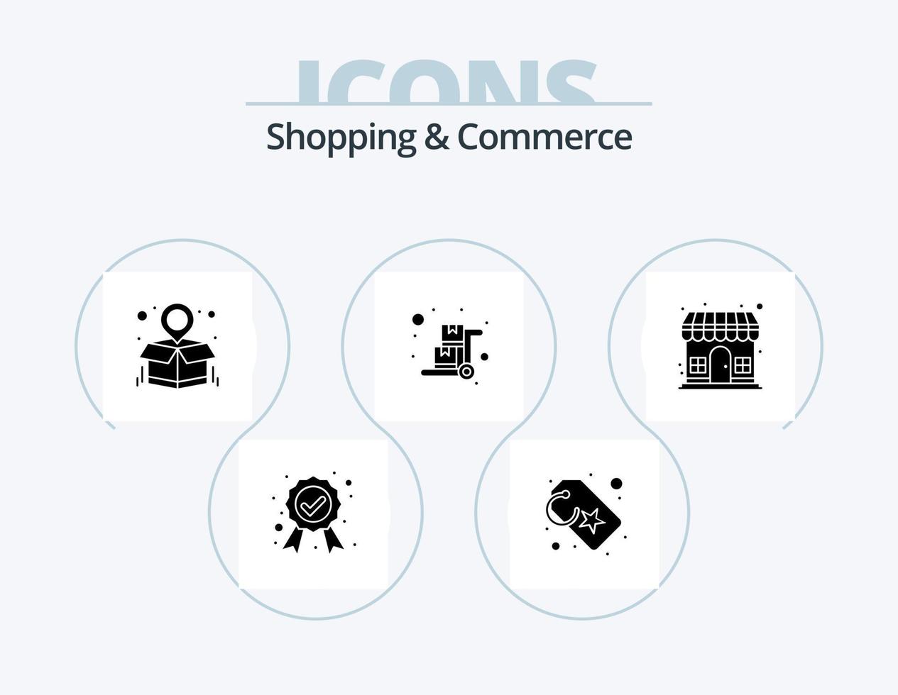 Shopping und Handel Glyph Icon Pack 5 Icon Design. Auslauf. Schubkarre. Paketkarte. Kofferkuli. Handwagen vektor