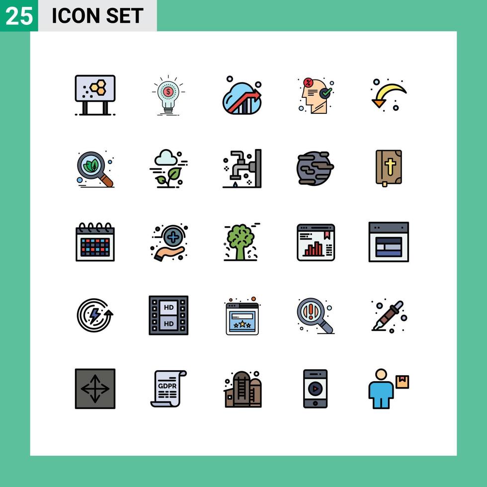 25 universell fylld linje platt färger uppsättning för webb och mobil tillämpningar aning brainstorming pengar hjärna marknadsföring redigerbar vektor design element
