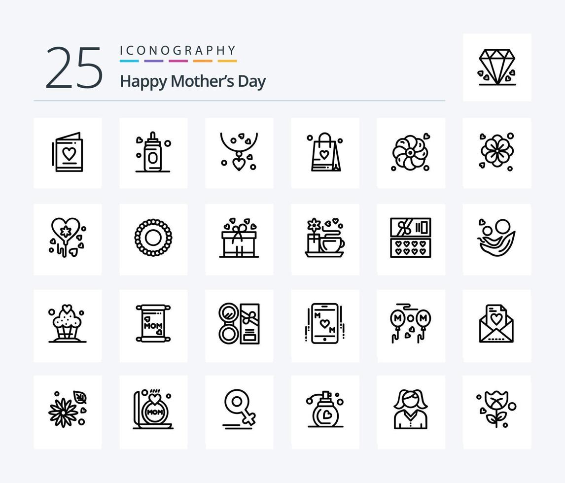 Lycklig mödrar dag 25 linje ikon packa Inklusive kärlek. handla väska . barn. mamma vektor