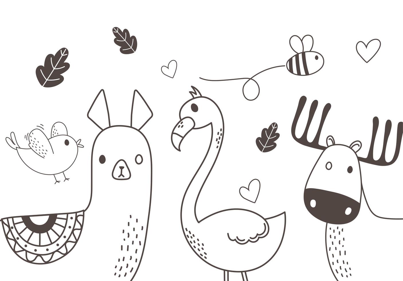 niedliche Tiere skizzieren Wildtierkarikatur entzückenden Alpaka-Vogelbienenflamingo und Rentier vektor