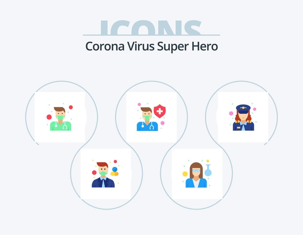 Corona-Virus Superheld Flat Icon Pack 5 Icon Design. Polizei. Schild. Arzt. männlich. Arzt vektor