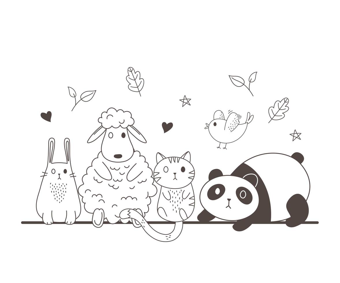 söta djur skissar vilda djur tecknade bedårande panda får kanin katt och fågel vektor