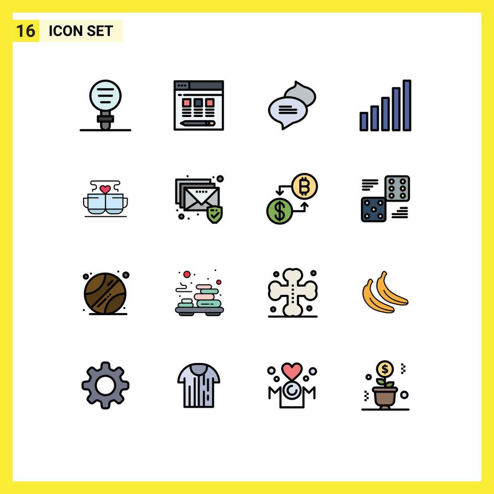 uppsättning av 16 vektor platt Färg fylld rader på rutnät för hjärta kaffe chattar kopp telefon redigerbar kreativ vektor design element