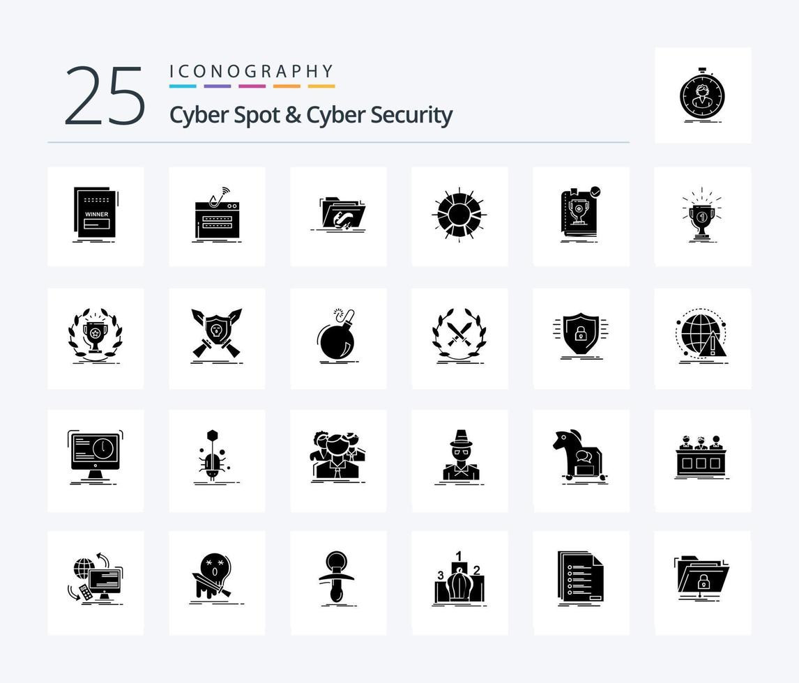 Cyber Spot und Cyber Security 25 Solid Glyph Icon Pack inklusive Lebensretter. Hilfe. Passwort. Software. Datei vektor