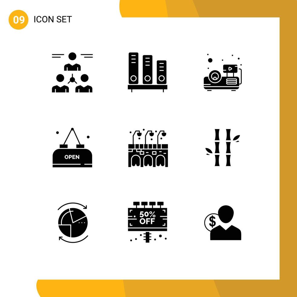 moderner Satz von 9 soliden Glyphen und Symbolen wie bearbeitbare Vektordesign-Elemente für Stadtessen, Schule, Essen, Projektor vektor