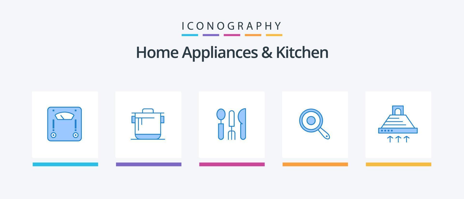 Hem apparater och kök blå 5 ikon packa Inklusive matlagning. stekhäll. bestick. kök. panorera. kreativ ikoner design vektor