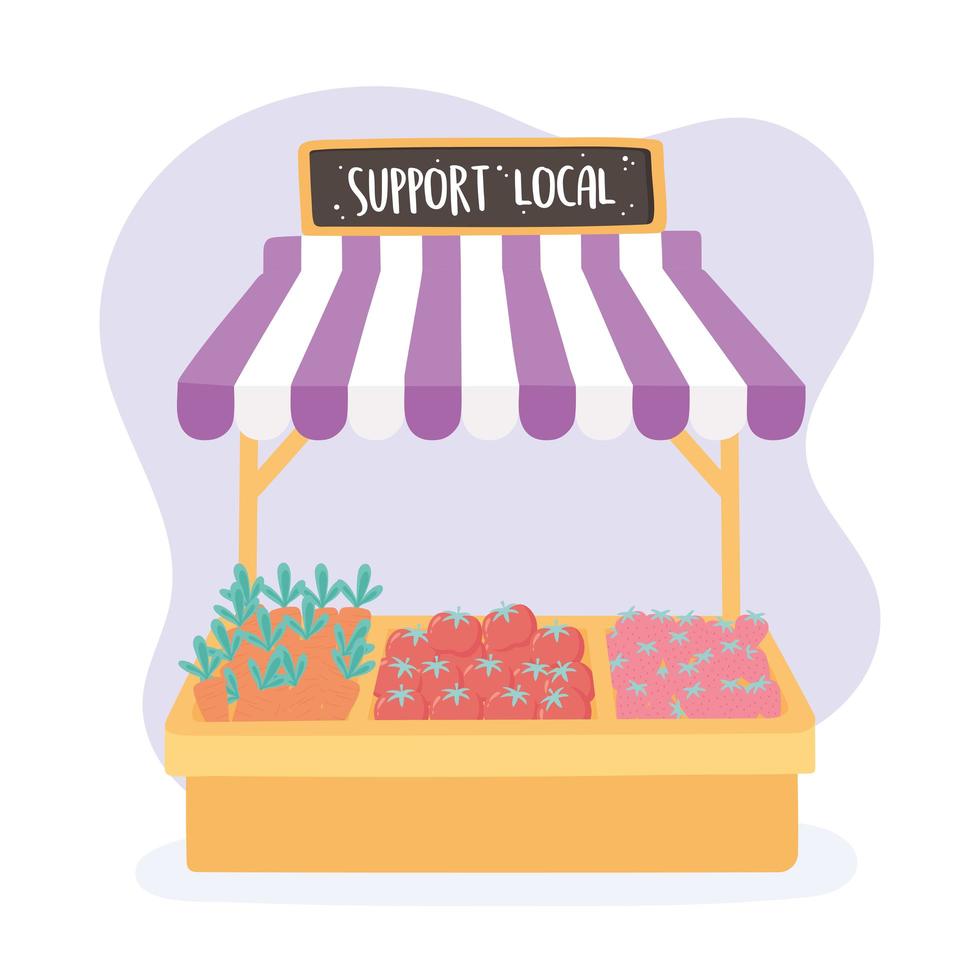 stödja lokalt företag, handla frukt och grönsaker som säljs på bondemarknaden vektor
