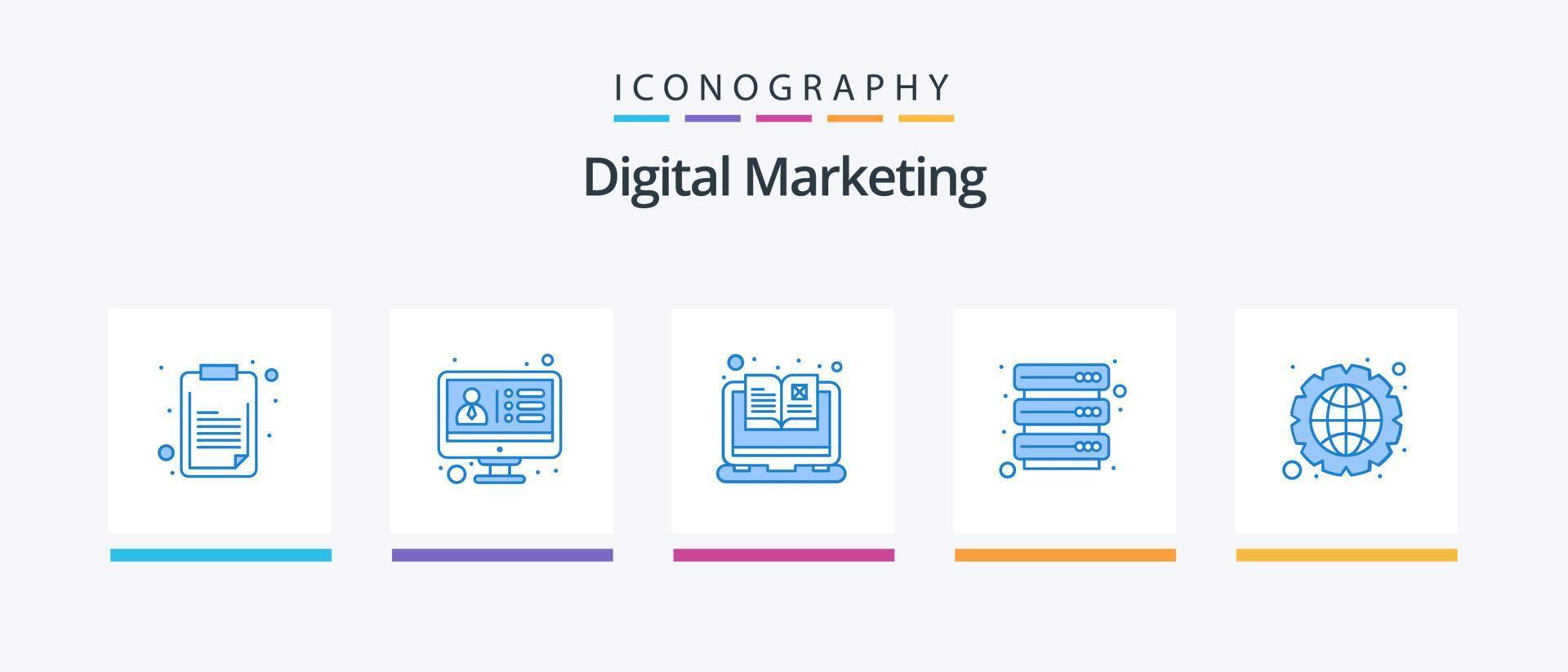 digital marknadsföring blå 5 ikon packa Inklusive integration. bok. lagring. data. kreativ ikoner design vektor