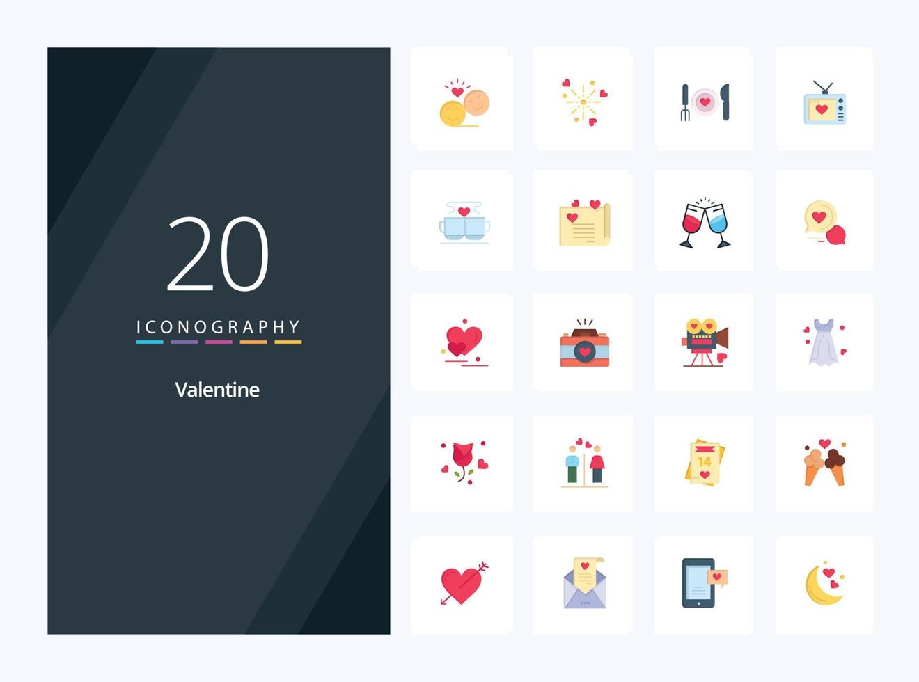 20 valentine platt Färg ikon för presentation vektor