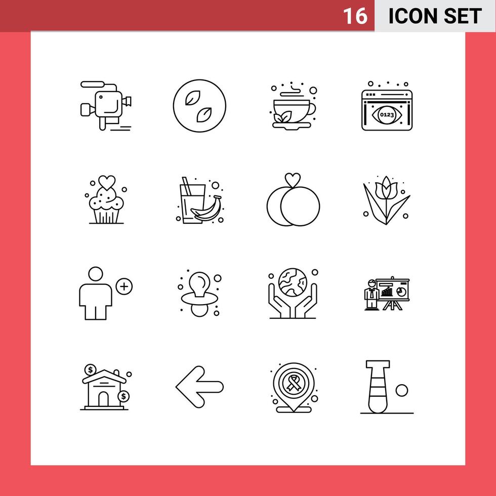Packung mit 16 modernen Umrissen, Zeichen und Symbolen für Web-Printmedien wie Datenvisualisierung von Cup-Kuchen, Datenanalyse von Cup-Daten, Tee, editierbare Vektordesign-Elemente vektor