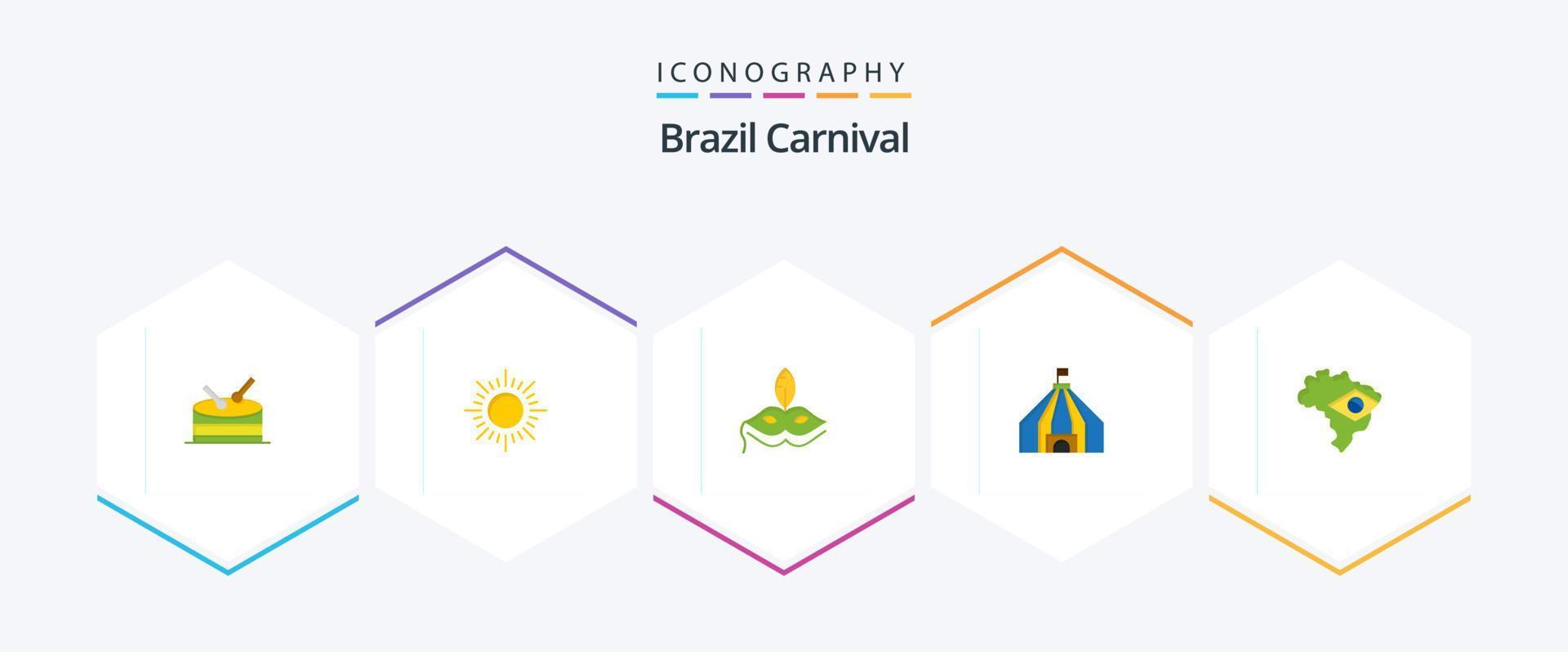 Brasilianische Karneval 25 Flat Icon Pack einschließlich Brasilien. venezianisch. Sonnenuntergang. Kostüm. Feier vektor