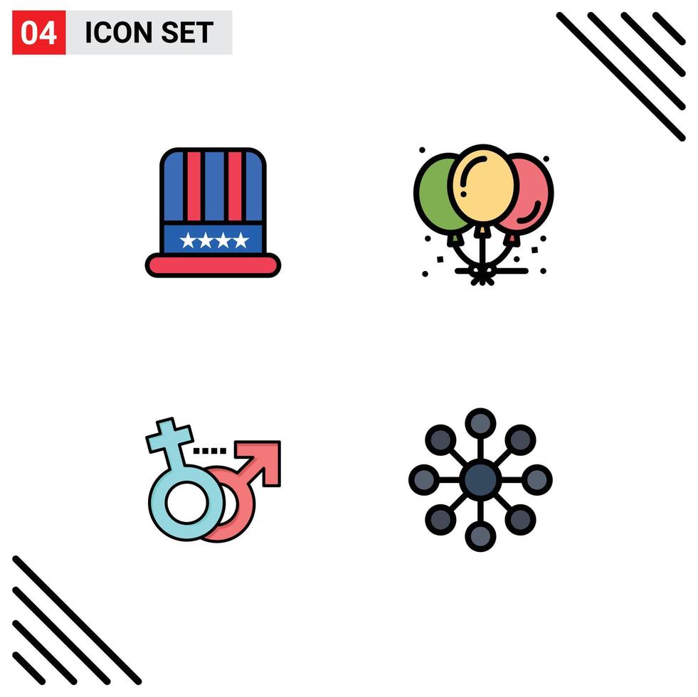 uppsättning av 4 modern ui ikoner symboler tecken för hatt manlig USA firande symbol redigerbar vektor design element