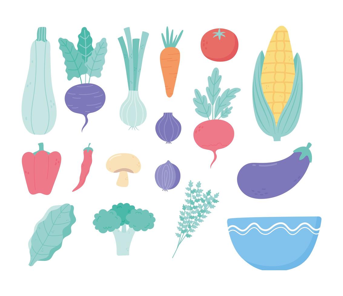 Gemüse frische Menü Zutaten Ernte Ernährung Schüssel Symbole vektor