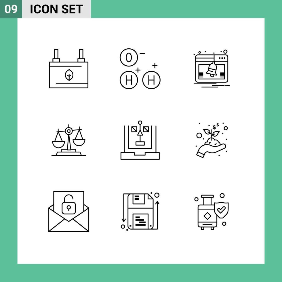 piktogram uppsättning av 9 enkel konturer av Rättslig rättvisa webb bedöma balans redigerbar vektor design element
