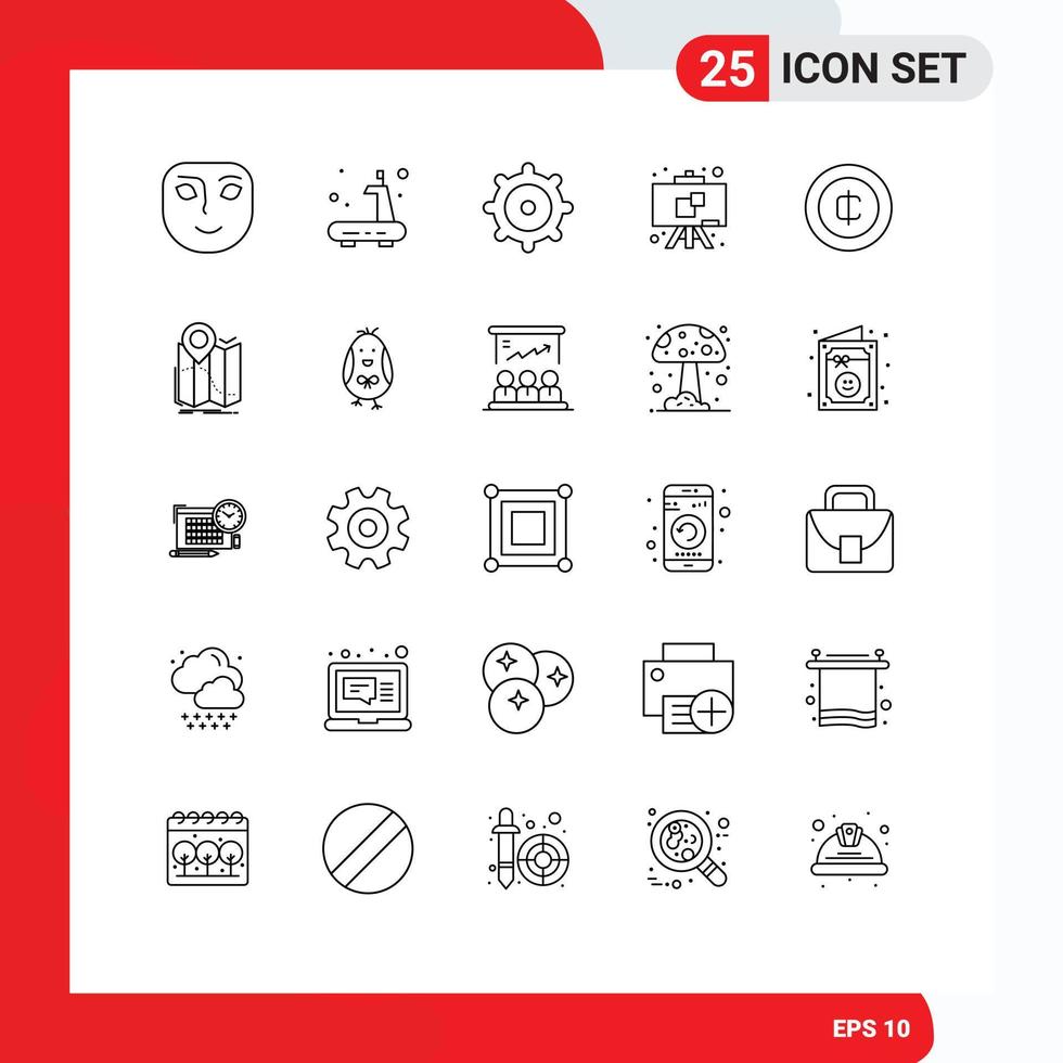 25 Benutzeroberflächen-Linienpaket mit modernen Zeichen und Symbolen von editierbaren Vektordesign-Elementen der GPS-E-Commerce-Ausrüstungsmünzenschule vektor