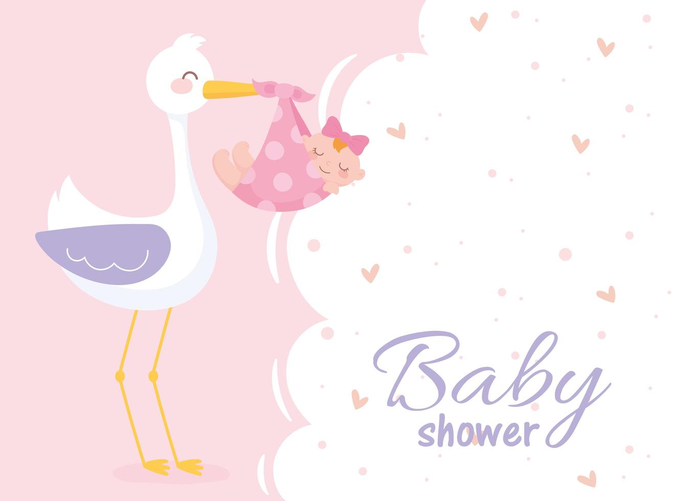 baby shower, flicka i filt med stork välkomna nyfödda firande kort vektor