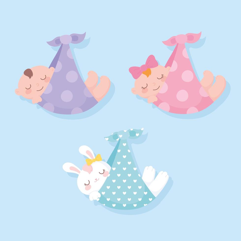 Babyparty, hängende Babys und Kaninchen auf Decken, begrüßen Neugeborenenfeierkarte vektor
