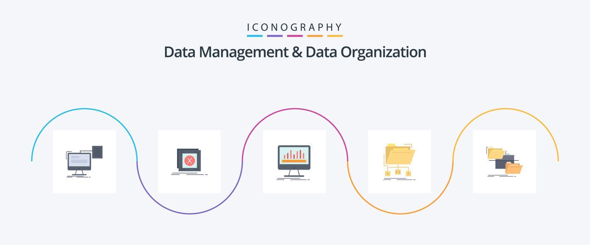 Datenmanagement und Datenorganisation Flat 5 Icon Pack inklusive Dateien. Sicherung. Problem. Statistiken. Armaturenbrett vektor