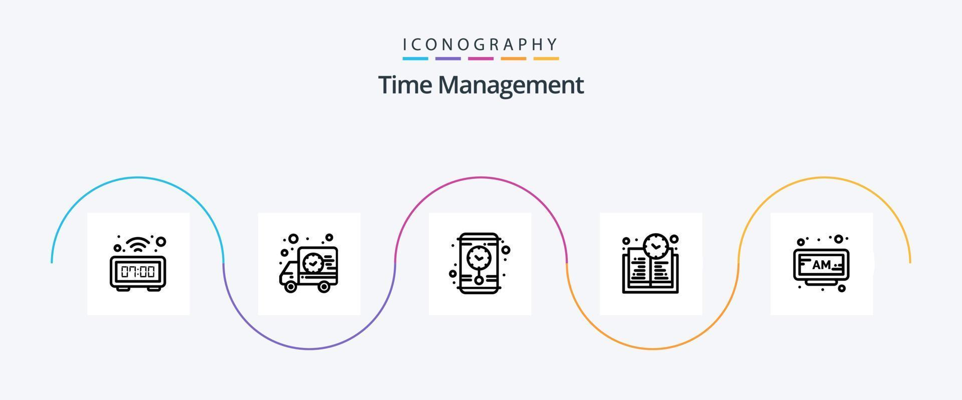 Zeitmanagement Linie 5 Icon Pack inklusive Zeit. bin. Uhr. Alarm. Bildungszeit vektor