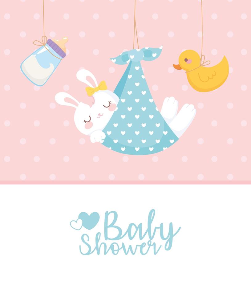 Babyparty, hängende Kaninchenente und Milchflasche, begrüßen neugeborene Feierkarte vektor