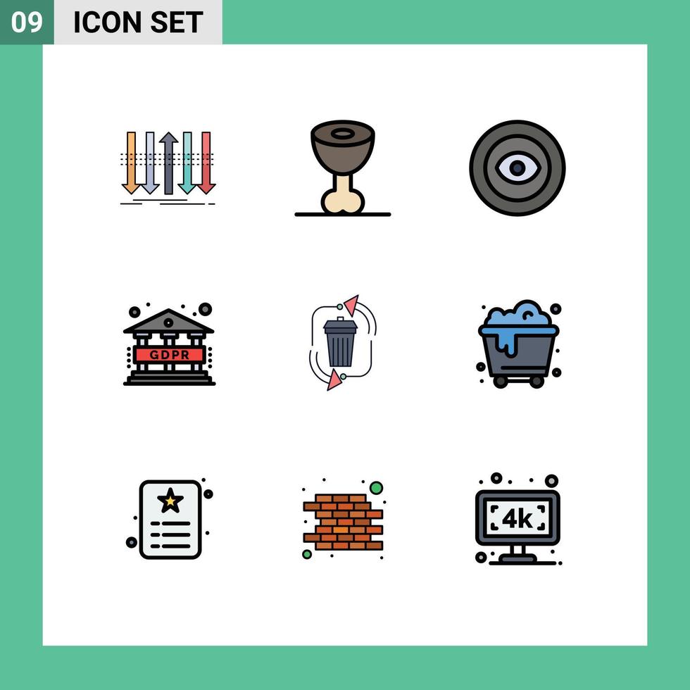 Packung mit 9 modernen Filledline-Flachfarbzeichen und -symbolen für Web-Printmedien wie Müllabfuhrleistungsverordnungsdaten editierbare Vektordesign-Elemente vektor