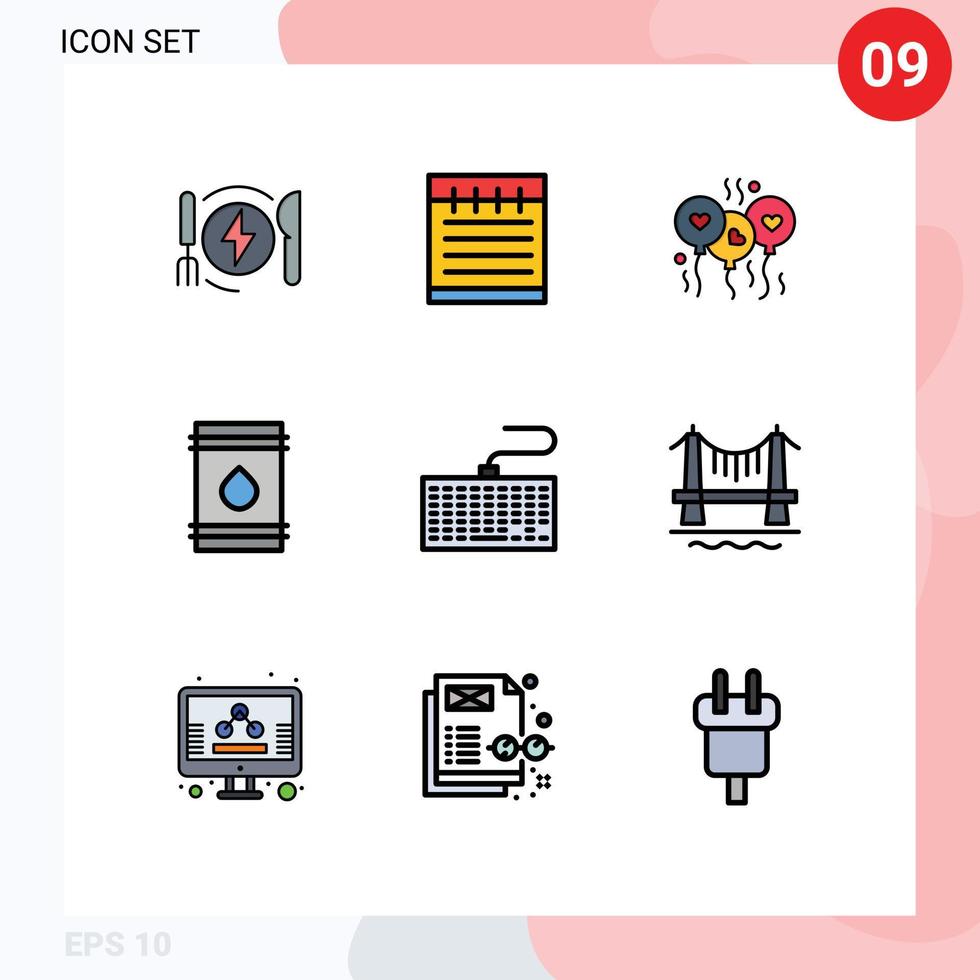 9 universelle Filledline-Flachfarben für Web- und mobile Anwendungen Tastatur Eco Love brennbares Öl editierbare Vektordesign-Elemente vektor