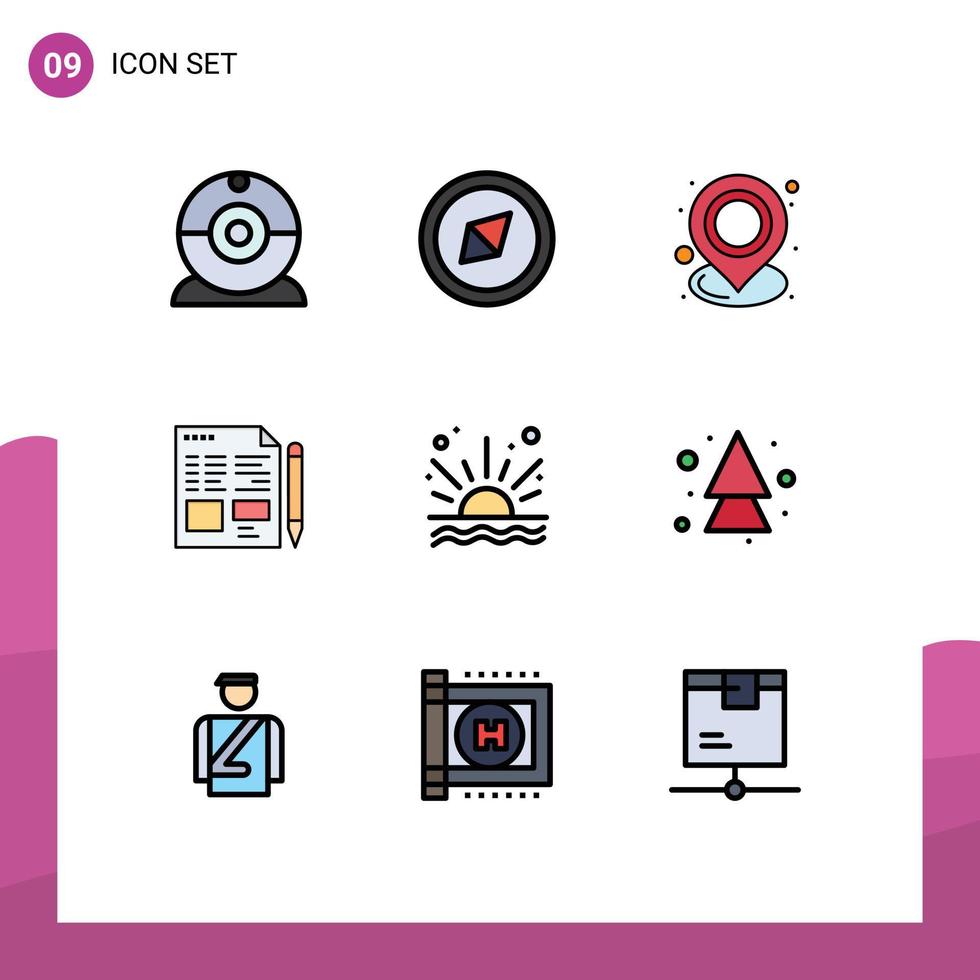 användare gränssnitt packa av 9 grundläggande fylld linje platt färger av soluppgång hav Karta utbildning text redigerbar vektor design element