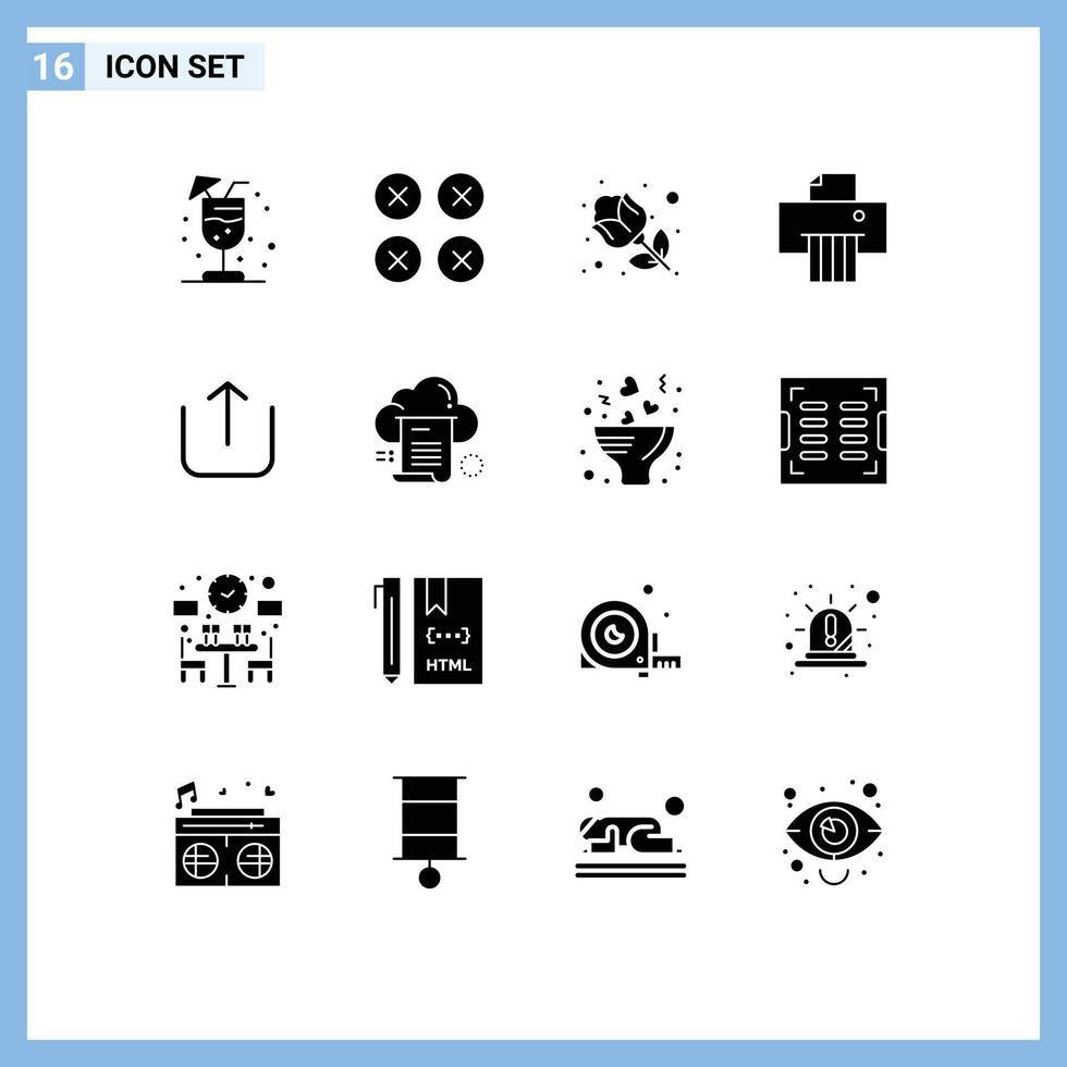 grupp av 16 fast glyfer tecken och symboler för ladda upp Instagram blomma dokumentförstörare enhet redigerbar vektor design element