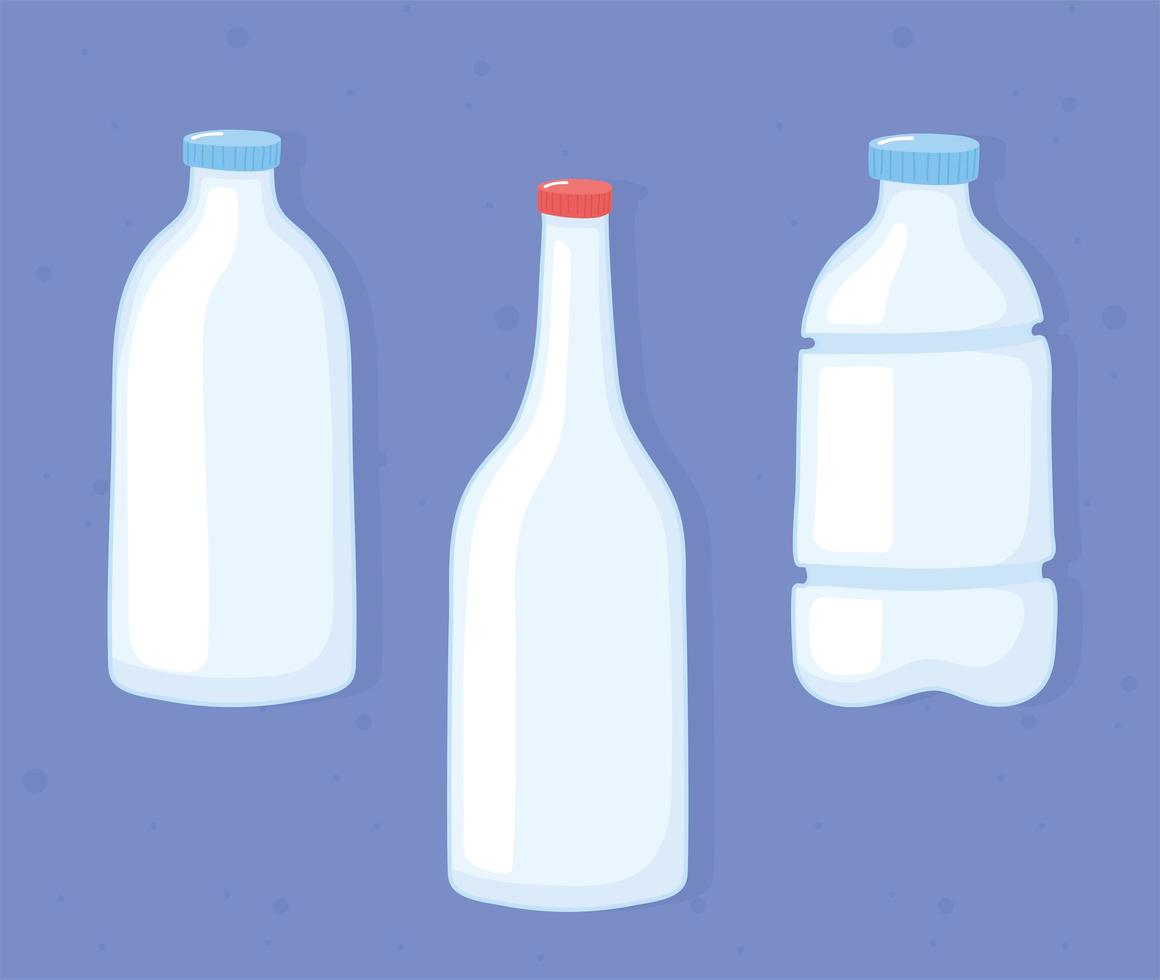 plast eller glas koppar flaskor mockups, plast och glas flaskor olika användningsområden vektor