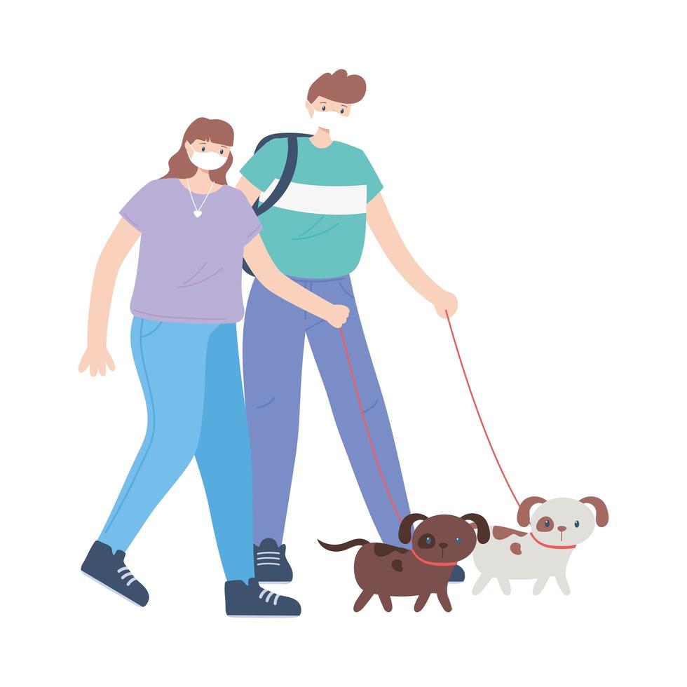 Menschen mit medizinischer Gesichtsmaske, Mann und Frau, die mit Hunden gehen, Stadtaktivität während des Coronavirus vektor