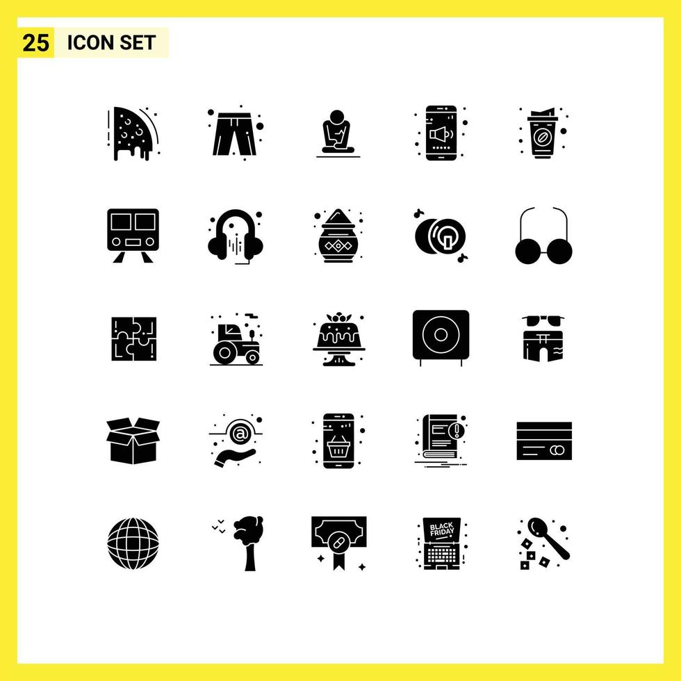 Piktogrammsatz von 25 einfachen soliden Glyphen des Bechervolumens, schnelle Sound-App, editierbare Vektordesign-Elemente vektor