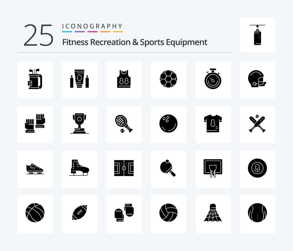 Fitness-, Erholungs- und Sportgeräte 25 solides Glyphen-Icon-Pack einschließlich Uhr. Fußball. Gesundheitswesen. Fußball. Sport vektor