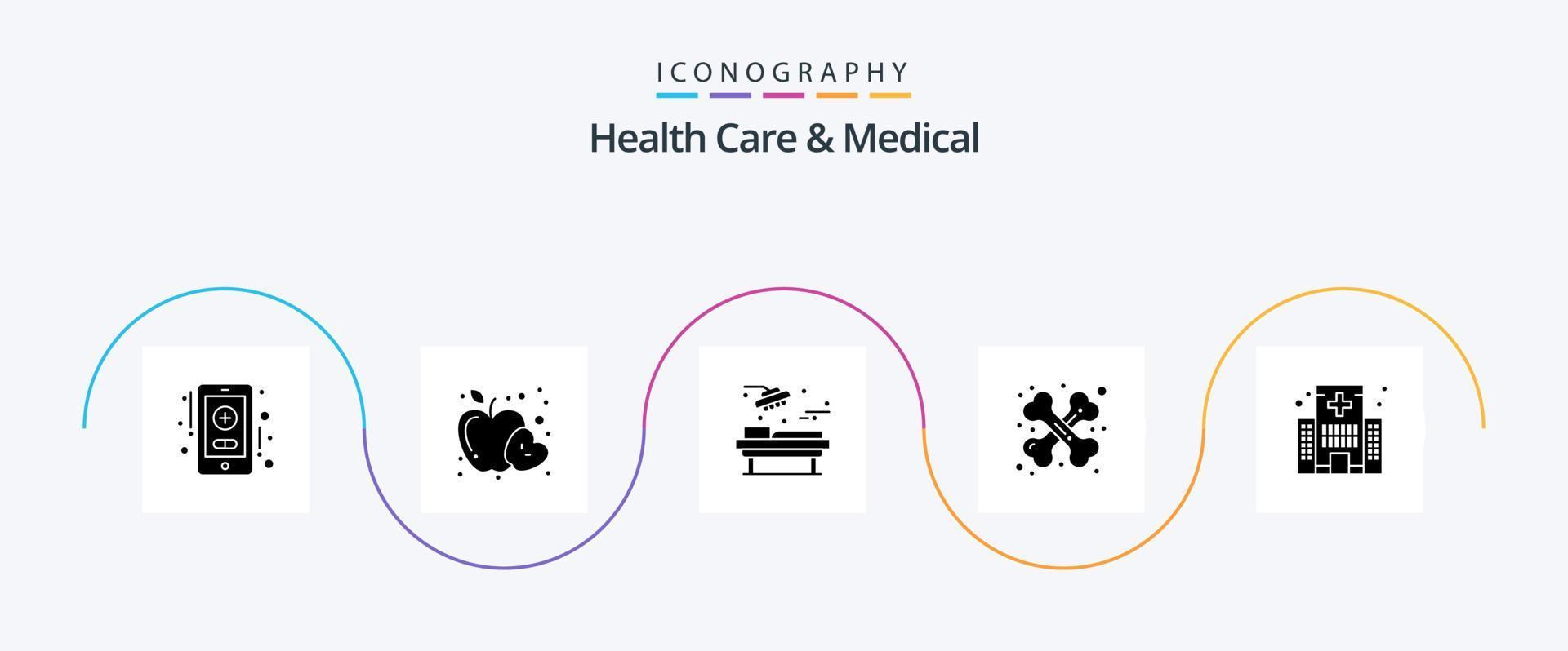 Gesundheitswesen und medizinische Glyphe 5 Icon Pack einschließlich Gesundheit. Gebäude. medizinisch. Traumatologie. Gesundheit vektor