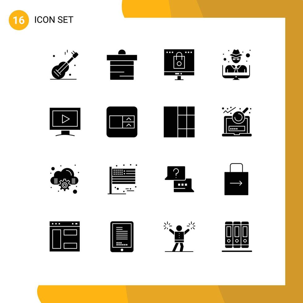 Gruppe von 16 modernen soliden Glyphen, die für Monitor-Dieb-Taschenmann-Einkäufe editierbare Vektordesign-Elemente gesetzt werden vektor