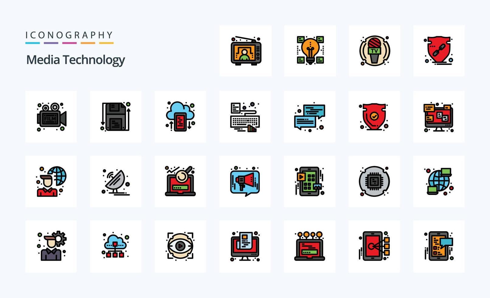 25 Medientechnologie-Zeilen gefüllter Stil-Icon-Pack vektor