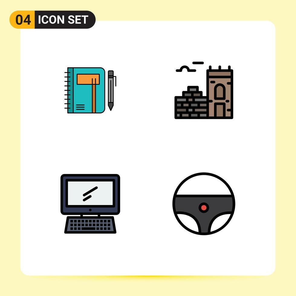 Satz von 4 kommerziellen Filledline-Flachfarbpaketen für Arbeitsmappen-Firewall-Notizblock-Skizzenmonitor editierbare Vektordesign-Elemente vektor