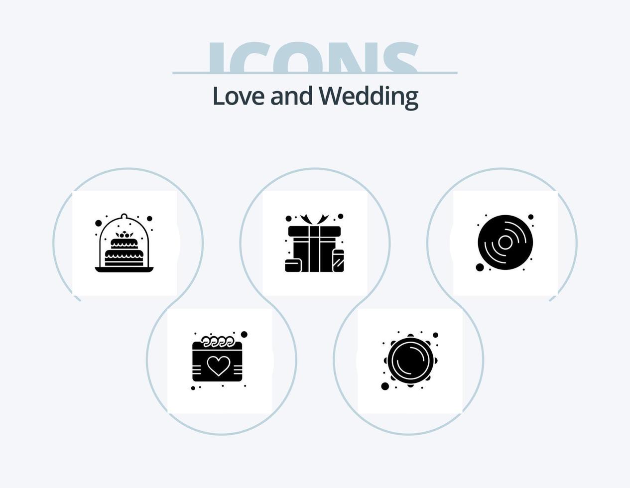 Hochzeits-Glyphen-Icon-Pack 5 Icon-Design. Musik. Scheibe. Geschenk. Überraschung. Geschenk vektor