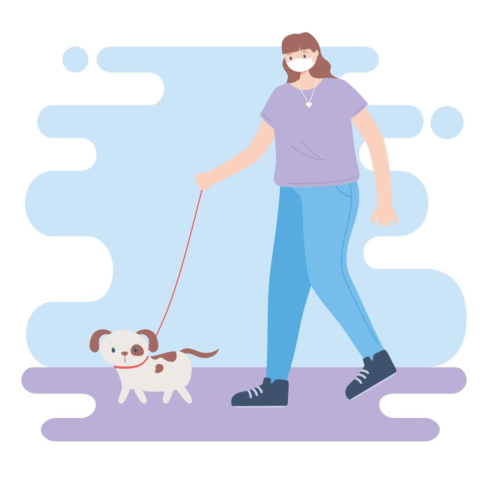 Menschen mit medizinischer Gesichtsmaske, Frau, die mit Hund Haustier geht, Stadtaktivität während des Coronavirus vektor