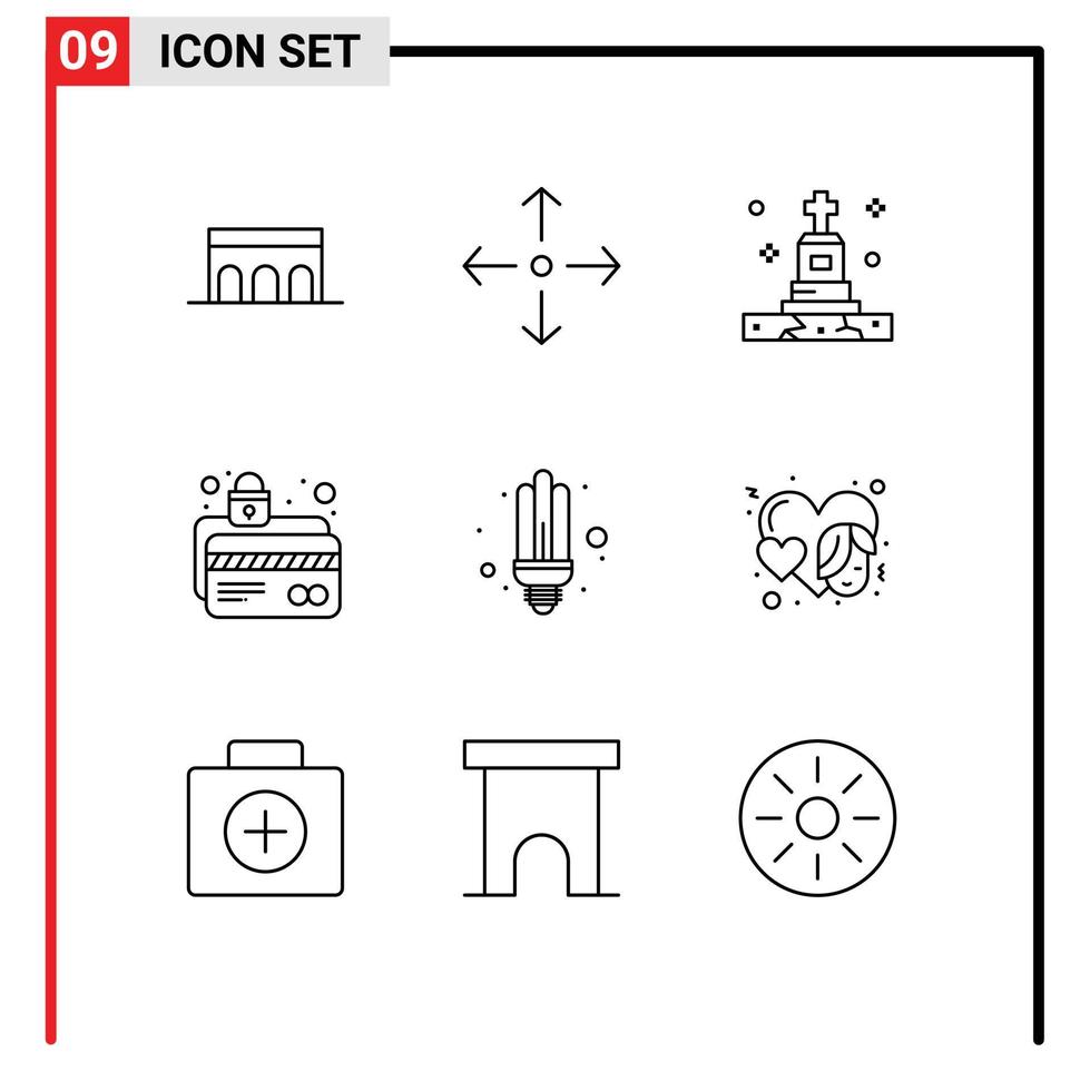 9 Benutzeroberflächen-Gliederungspaket mit modernen Zeichen und Symbolen der Glühbirnensperre, Todeskarte, Sicherheit, ATM-Karte, editierbare Vektordesign-Elemente vektor