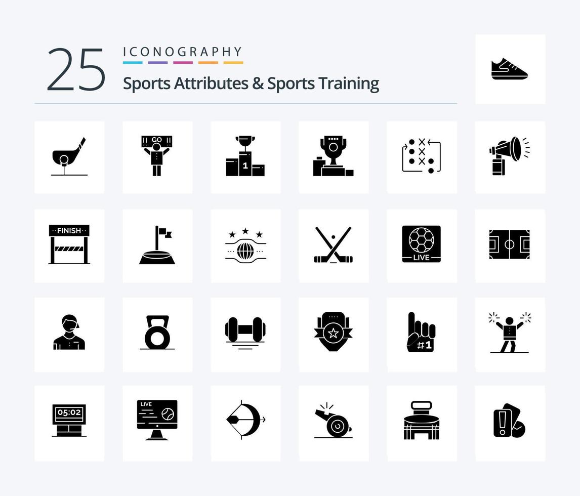 Sportattribute und Sporttraining 25 Solid-Glyphen-Icon-Pack inklusive Taktik. Bewegung. Fan. Spiel. Tasse vektor