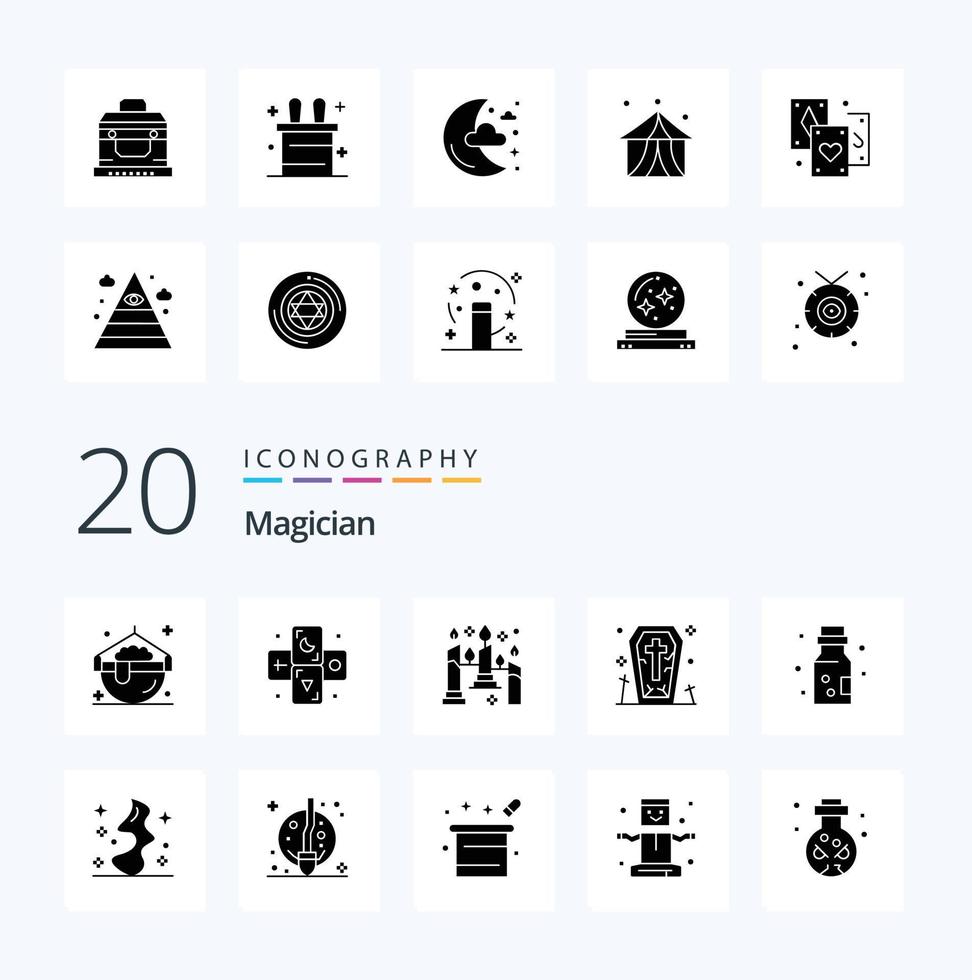 20 Magier Solid Glyph Icon Pack wie Chemie Halloween brennender Geistersarg vektor