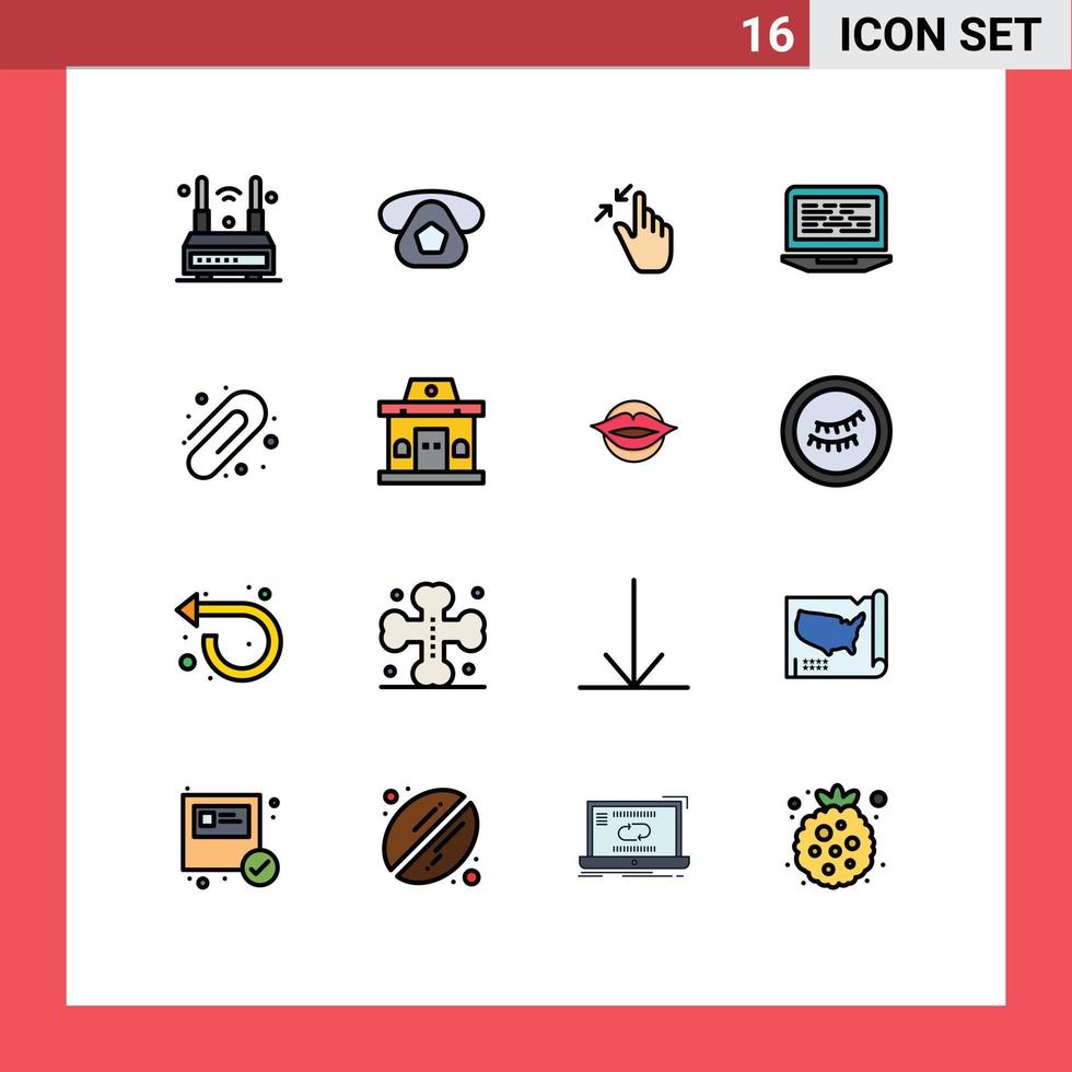 gruppe von 16 modernen flachen farbgefüllten linien für die bildschirmcodierung von telefon laptop prise editierbare kreative vektordesignelemente vektor