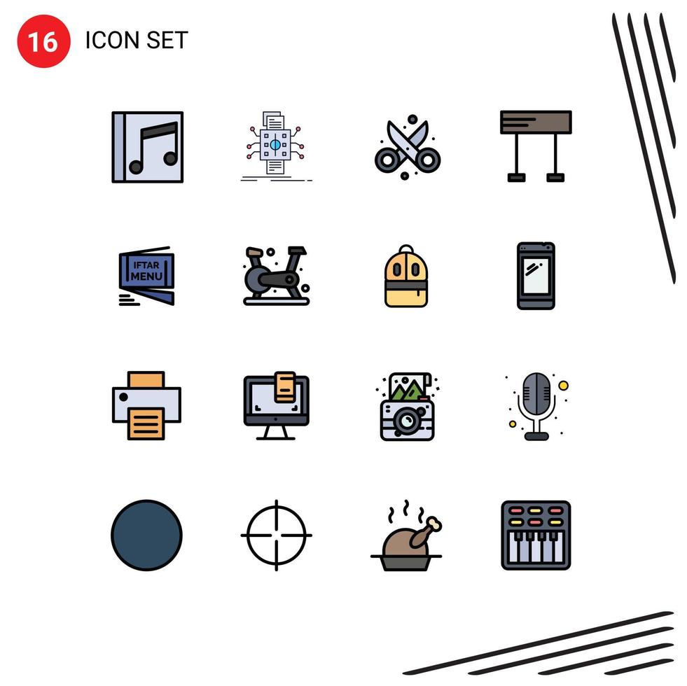 Flache, farbgefüllte Linienpackung mit 16 universellen Symbolen für die Verarbeitung von Kunstdesign, editierbare kreative Vektordesign-Elemente vektor