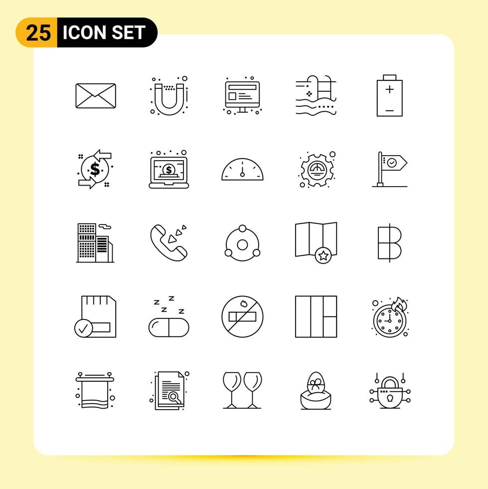 Aktienvektor-Icon-Pack mit 25 Zeilenzeichen und Symbolen für elektrisches Wasser-Seo-Schwimmbad editierbare Vektordesign-Elemente vektor