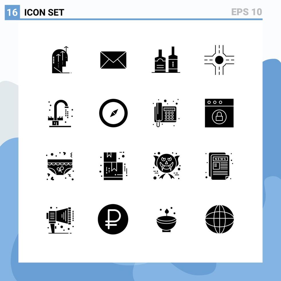 16 universelle solide Glyphen für Web- und mobile Anwendungen, Waschbecken, Wasserhahn, SMS, Badezimmerflaschen, editierbare Vektordesign-Elemente vektor