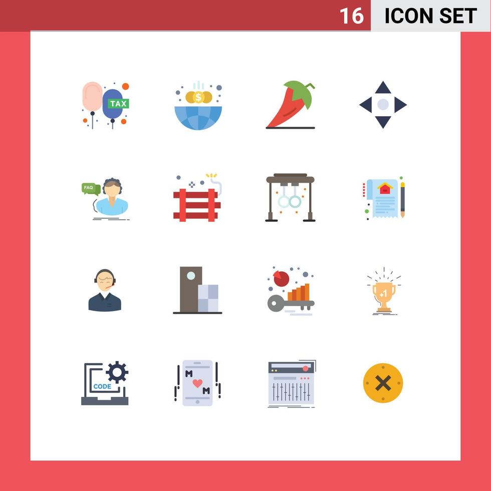 gruppe von 16 modernen flachen farben eingestellt für faq move globus pfeil pfeffer editierbares paket kreativer vektordesignelemente vektor