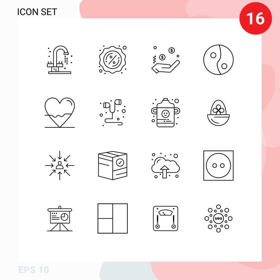 modern uppsättning av 16 konturer pictograph av vetenskap hjärta valuta biologi yin redigerbar vektor design element