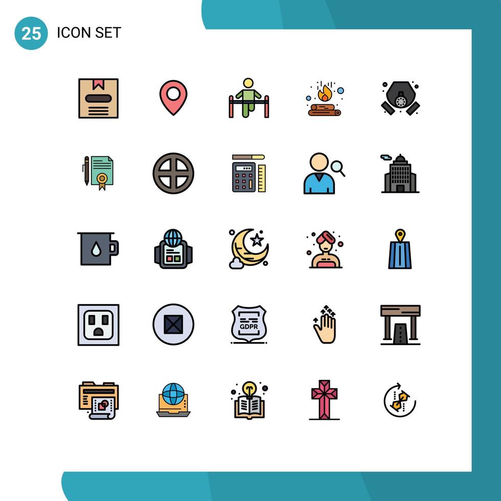 25 gefüllte Linien flaches Farbkonzept für mobile Websites und Apps maskieren Flamme Fitnessstudio Feuer Lagerfeuer editierbare Vektordesign-Elemente vektor