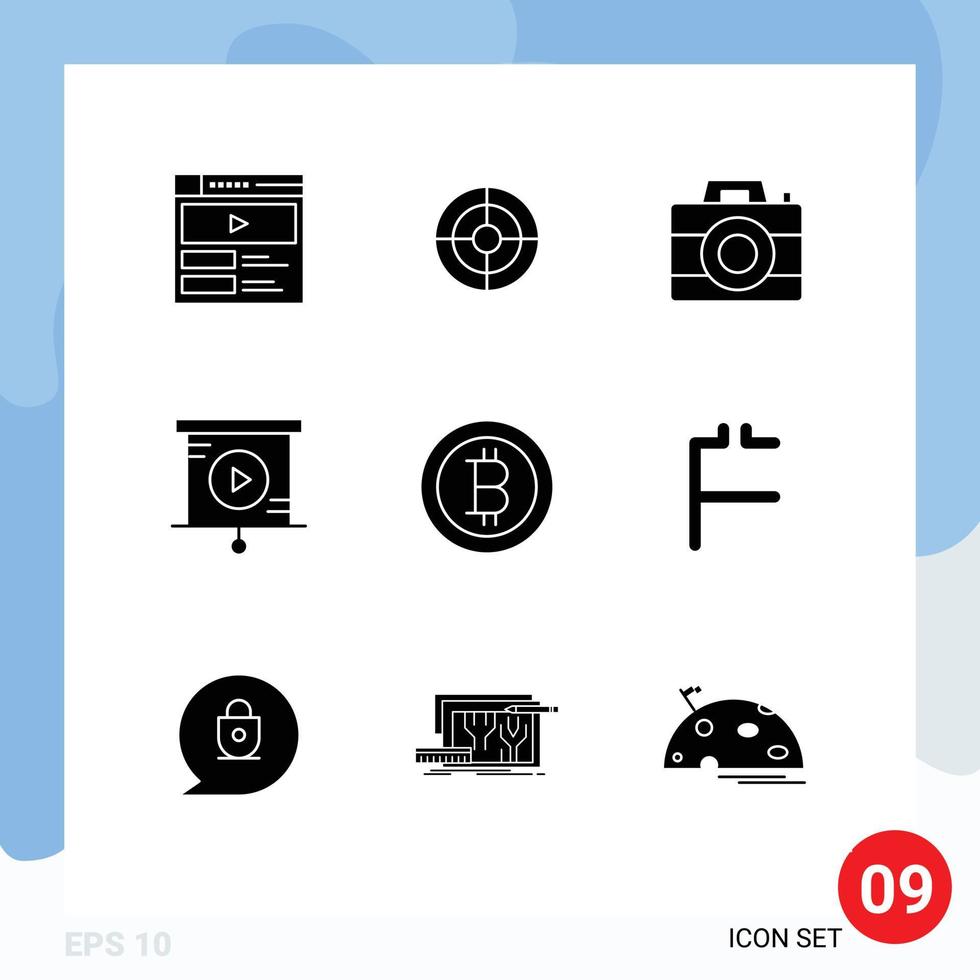 Stock Vector Icon Pack mit 9 Zeilenzeichen und Symbolen für erste Münze Bitcoin Kamera Präsentation Analytics editierbare Vektordesign-Elemente