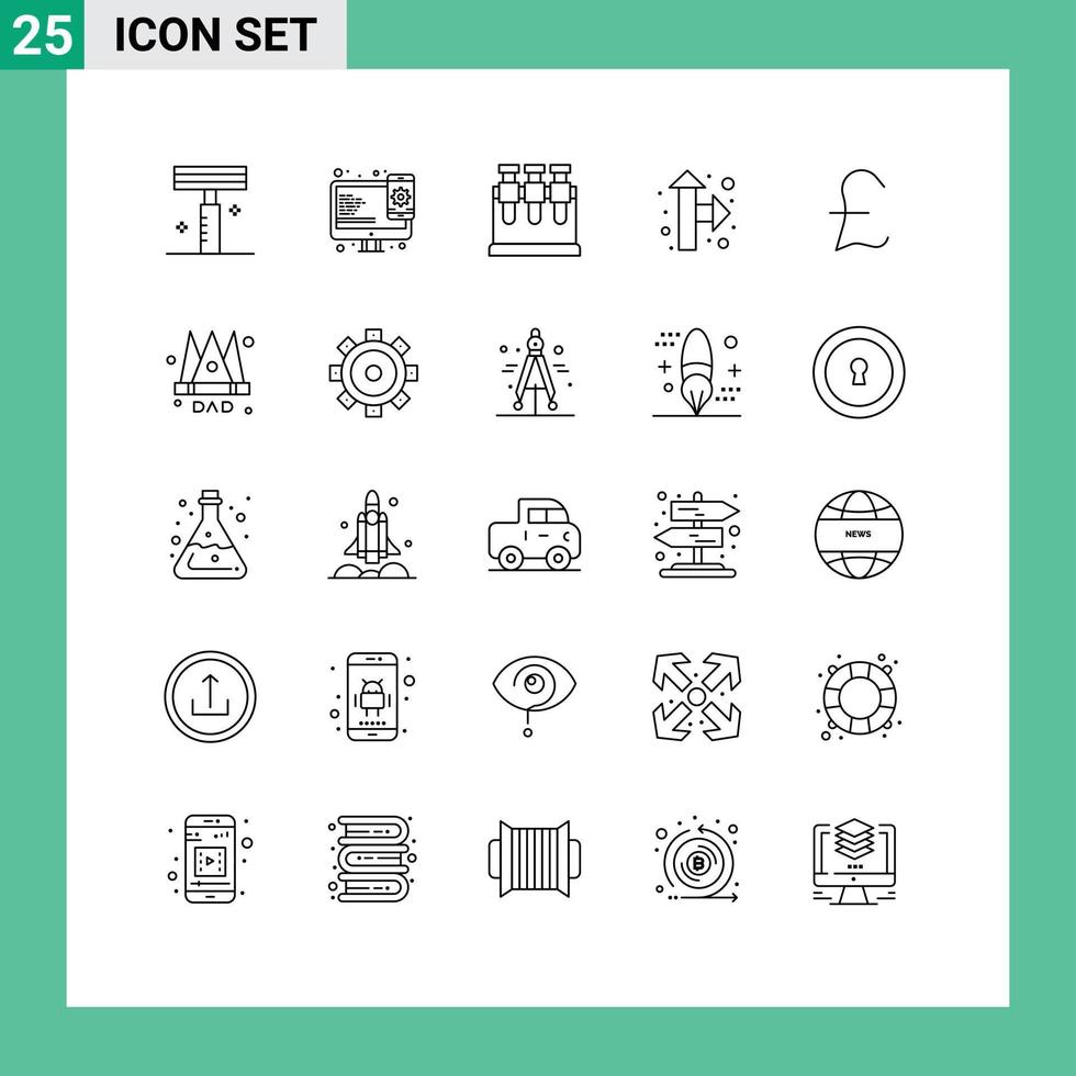 25 thematische Vektorlinien und editierbare Symbole der Kronenmünze Chemie Pfund Sterling Zeiger editierbare Vektordesign-Elemente vektor